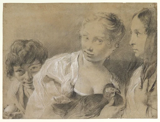 Boy with an Egg, Girl with a Hen, and a Watching Woman