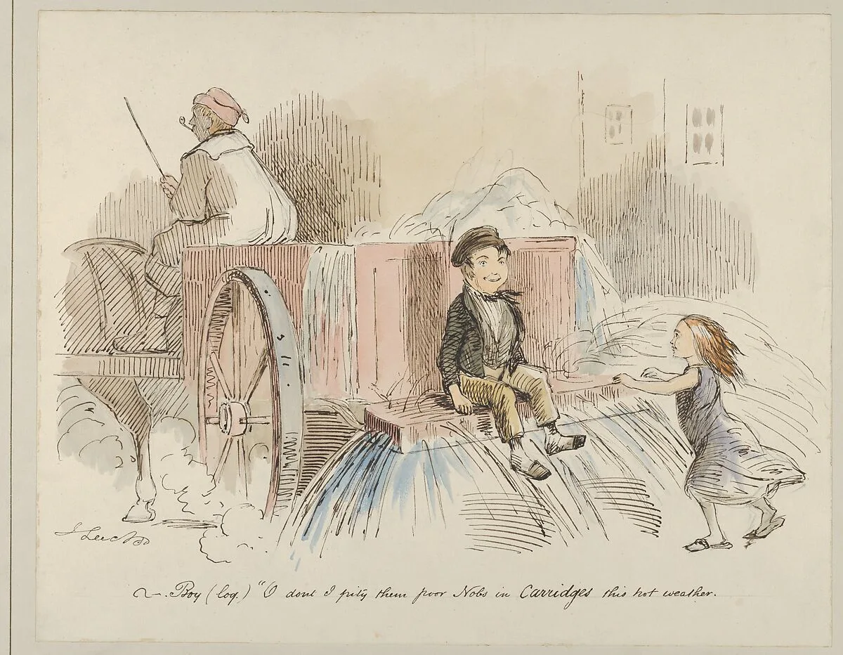 Boy (loq.) O don't I pity them poor Nobs in Carriages this hot weather — John Leech