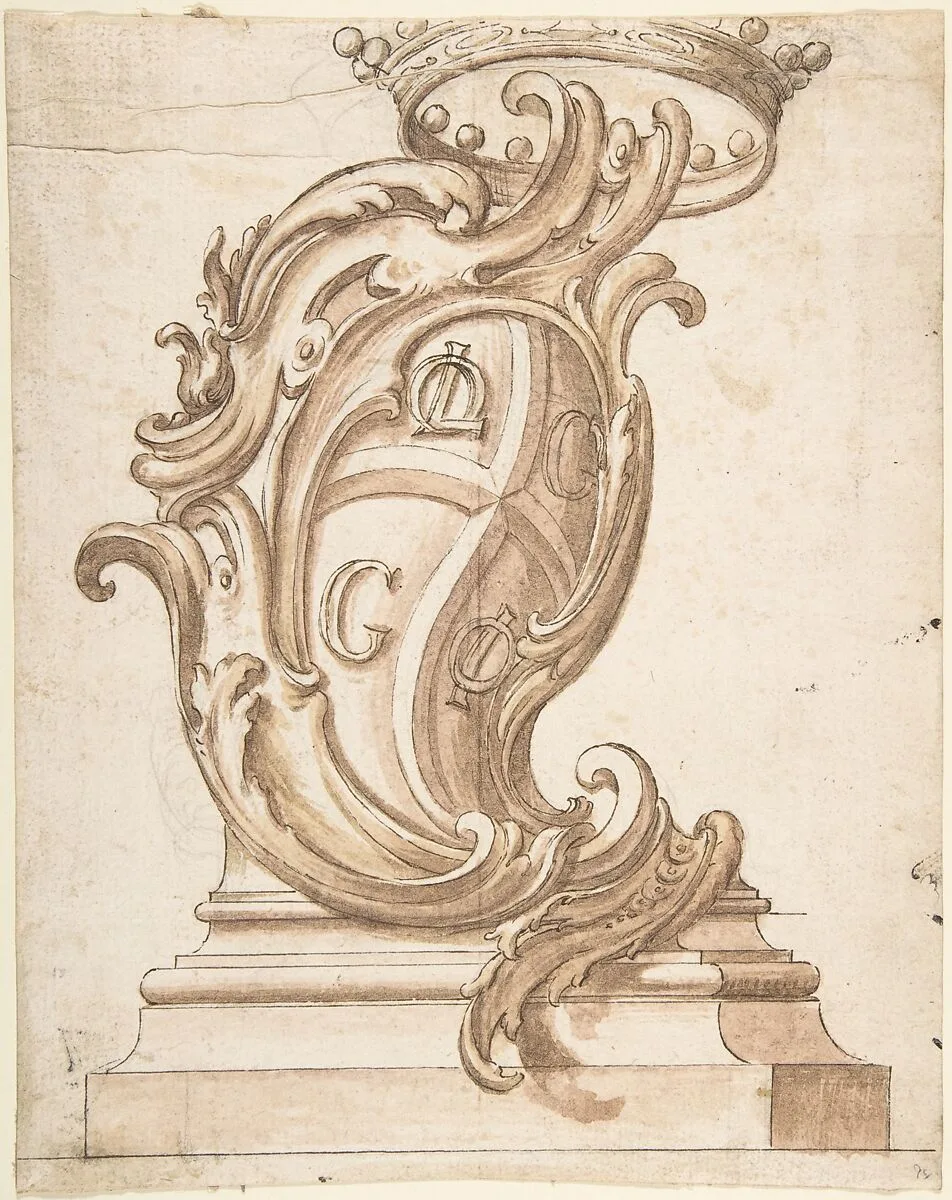 Design for a Cartouche on a Base, Surmounted by a Crown, with Arms with the Initials OL, G, G, and OI. — Anonymous, Italian, Piedmontese, 18th century