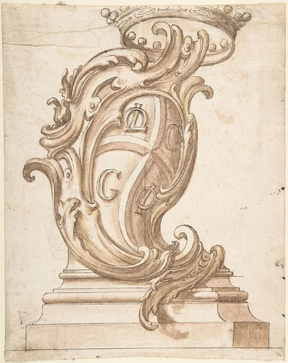 Design for a Cartouche on a Base, Surmounted by a Crown, with Arms with the Initials OL, G, G, and OI.