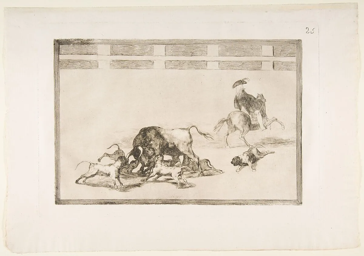 Plate 25 from "La Tauromaquia": They loose dogs on the bull — Goya (Francisco de Goya y Lucientes)