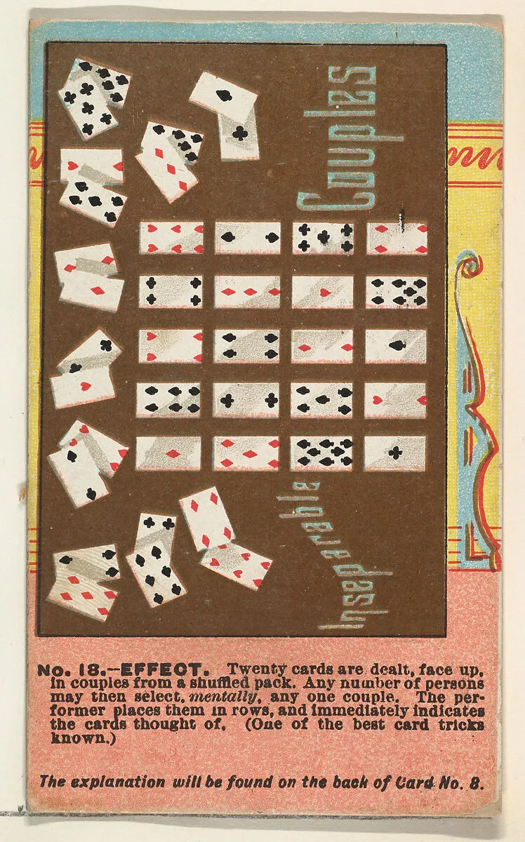 Number 18, Inseparable Couples, from the Tricks with Cards series (N138) issued by W. Duke, Sons & Co. to promote Honest Long Cut Tobacco — The Giles Company|W. Duke, Sons & Co.