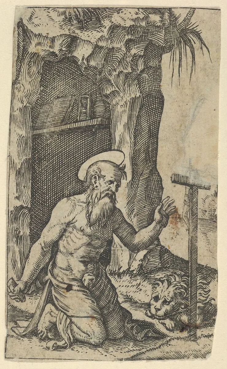 Saint Jerome kneeling before a crucifix, from "Piccoli Santi" (Small Saints) — Marcantonio Raimondi