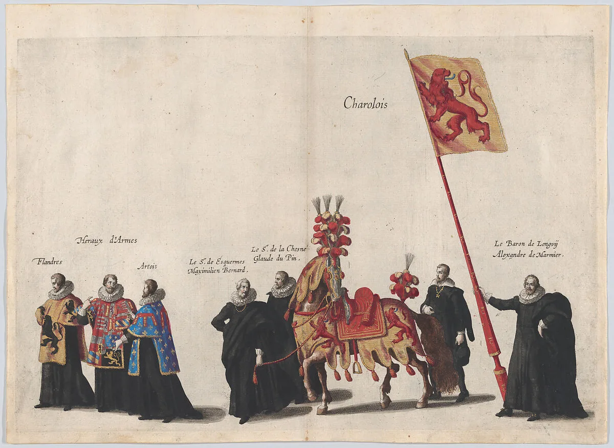 Plate 35: Men with heraldic flags and horses from Charolois marching in the funeral procession of Archduke Albert of Austria; from 'Pompa Funebris ... Alberti Pii' — Cornelis Galle I|Jacques Francquart