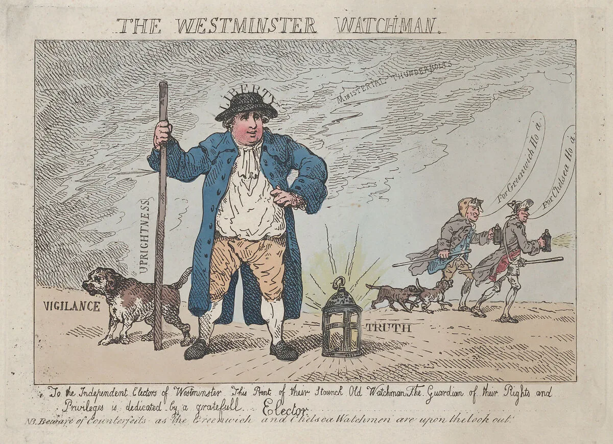 The Westminster Watchman — Charles James Fox|Thomas Rowlandson|Samuel Hood, 1st Viscount Hood|Sir Cecil Wray