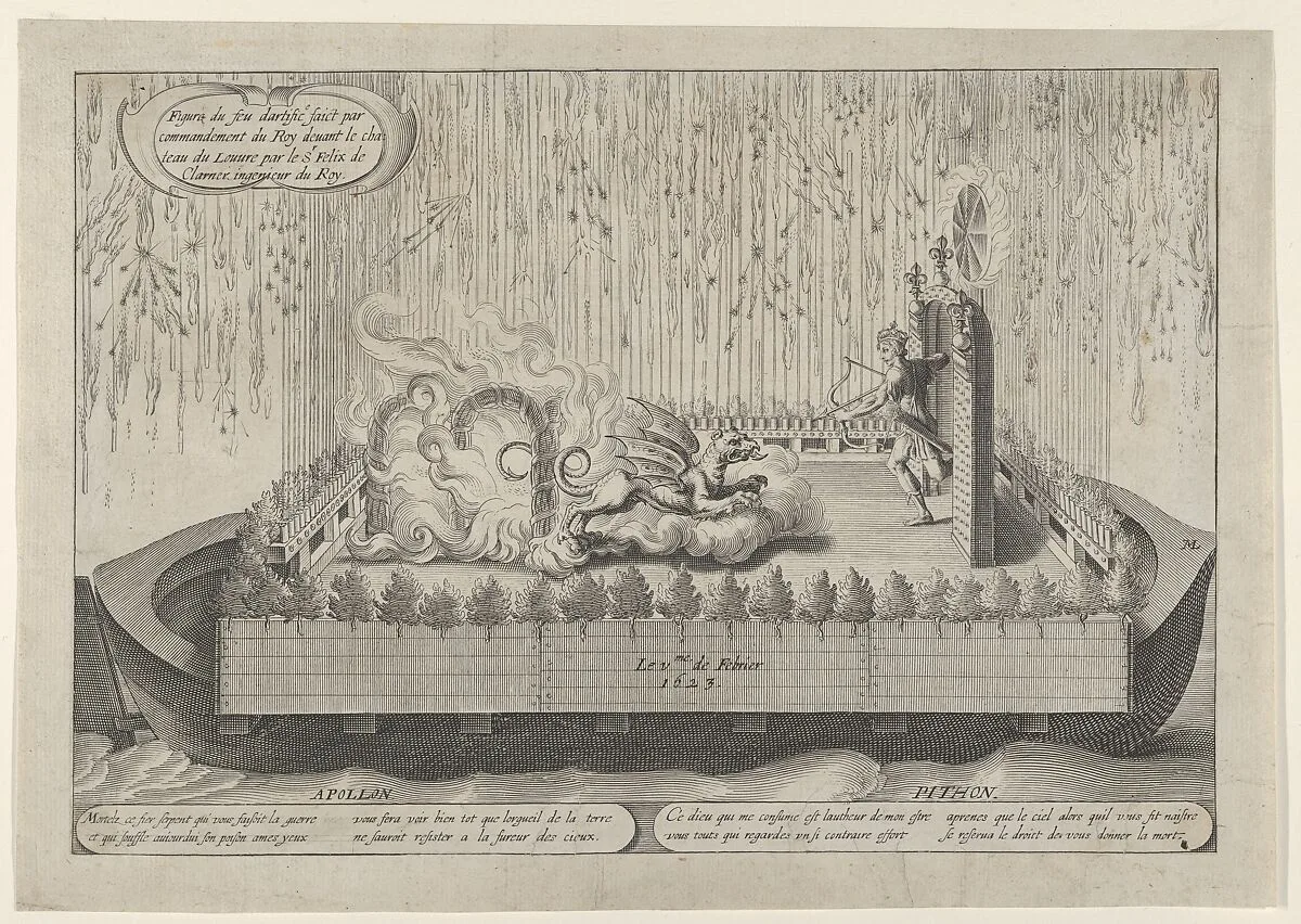 Float with Apollo and the Python, from the fireworks display celebrating Louis XIII's return from a military campaign, Paris, February 1623 — Michel Lasne
