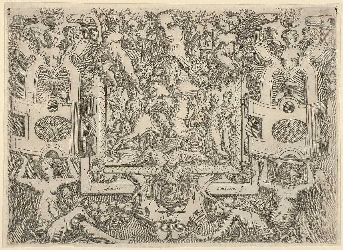 Figure on horseback holding a sword and riding over a figure lying on the ground, set within an elaborate frame — Andrea Schiavone (Andrea Meldola)|Battista Angolo del Moro|Jacques Androuet Du Cerceau