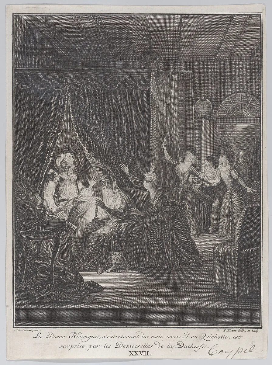 Plate 27: Doña Rodriguez, who is speaking at night with Don Quixote, is surprised by the ladies of the Duchess (La Dame Rodrigue, s'entretenant de nuit avec Don Quichotte, est suprise par les Demoiselles de las Duchesse) — Bernard Picart|Charles Antoine Coypel