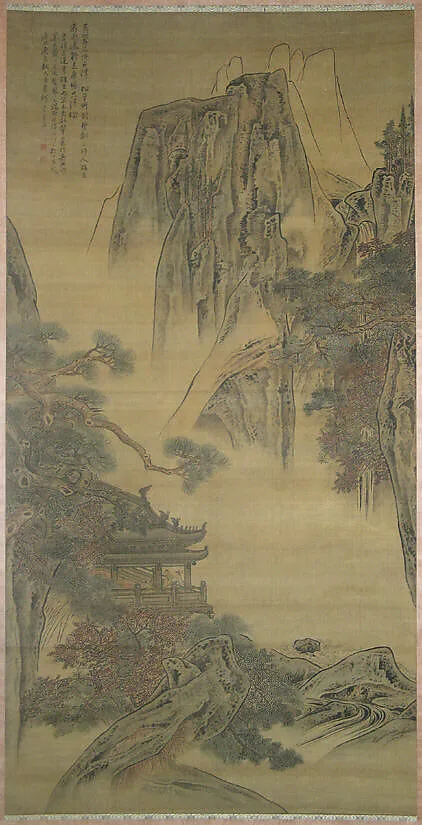 清 李寅 高閣觀瀑圖 軸|Viewing a waterfall from a mountain pavilion — Li Yin