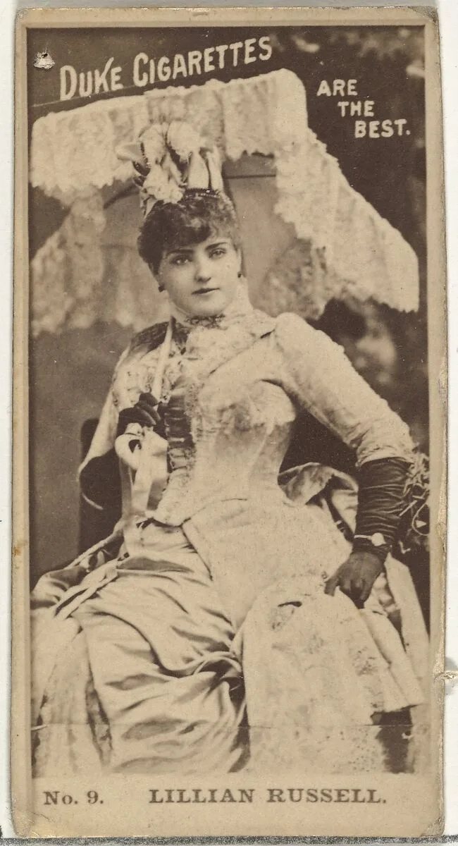 Card Number 9, Lillian Russell, from the Actors and Actresses series (N145-6) issued by Duke Sons & Co. to promote Duke Cigarettes — W. Duke, Sons & Co.