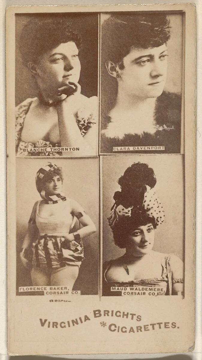 Blanche Thornton/ Clara Davenport/ Florence Baker, Corsair Co./ Maud Waldemere, Corsair Co., from the Actors and Actresses series (N45, Type 4) for Virginia Brights Cigarettes — Allen & Ginter