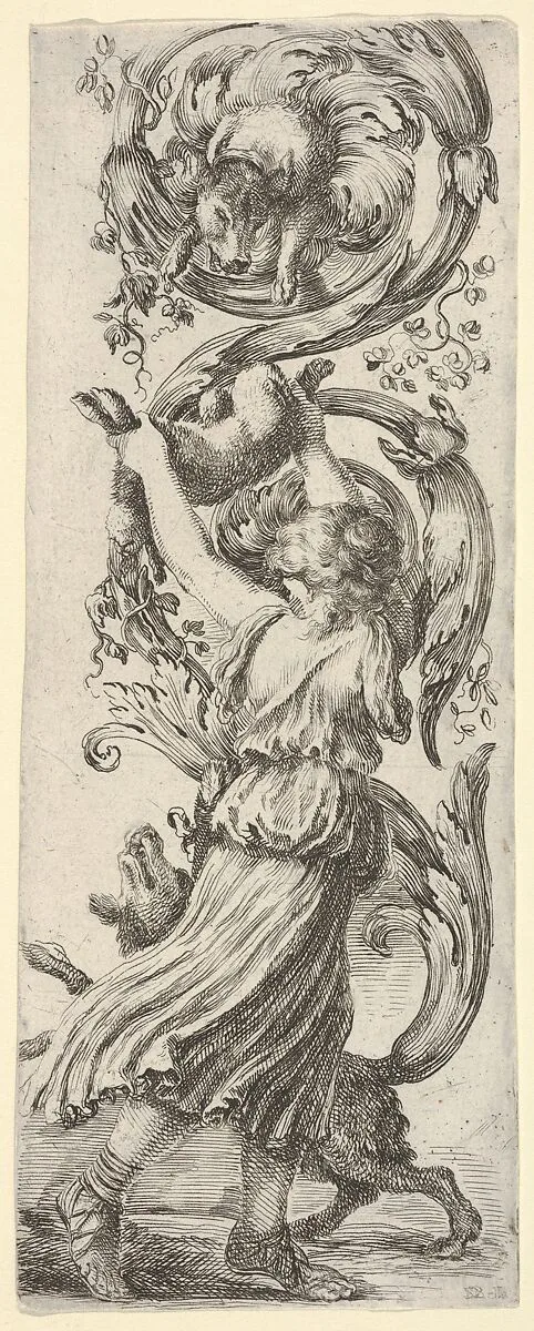 A young girl, seen from behind, lifting a rabbit into the air for a dog above to grasp, another dog at her feet, from'Ornaments or Grotesques' (Ornamenti o Grottesche) — Stefano della Bella