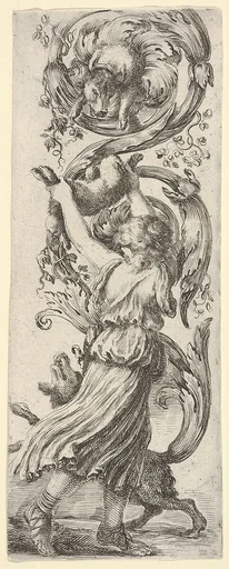 A young girl, seen from behind, lifting a rabbit into the air for a dog above to grasp, another dog at her feet, from'Ornaments or Grotesques' (Ornamenti o Grottesche)