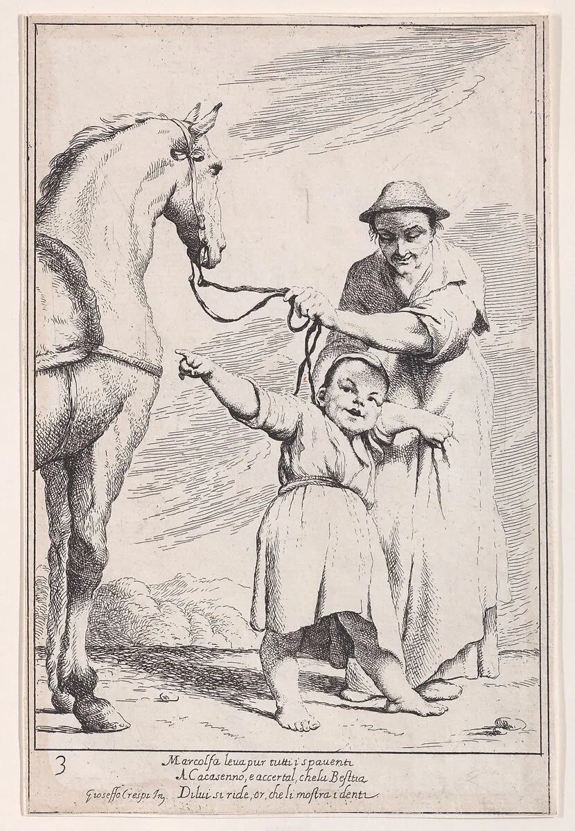 Plate 17: Marcolfa shows Cacasenno a horse, from "Bertoldo, Bertoldino, and Cacasenno" — Giuseppe Maria Crespi