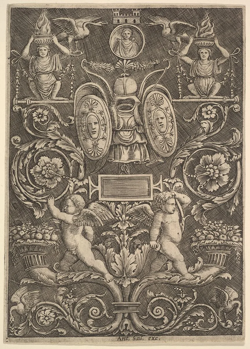 A panel of ornament, putti standing on cornucopia in lower section — Master of the Die|Perino del Vaga (Pietro Buonaccorsi)|Antonio Salamanca