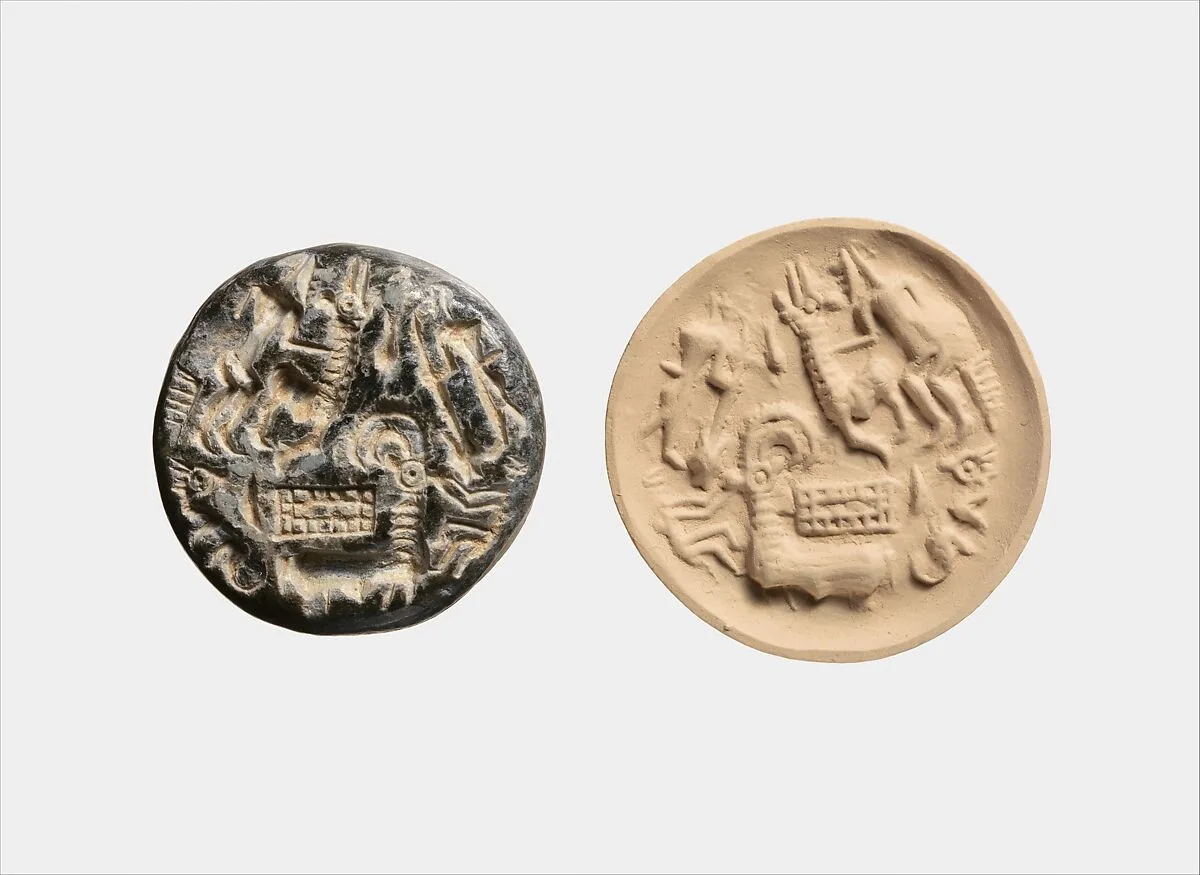 Stamp seal: hunters and goats, rectangular pen (?) — Unknown