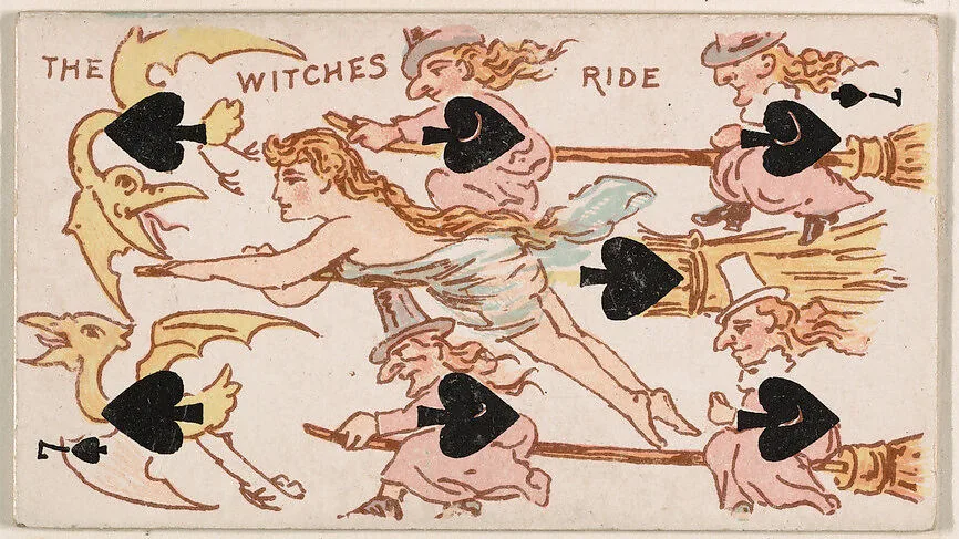 Seven of Spades, The Witches Ride, from Harlequin Cards, 2nd Series (N220) issued by Kinney Bros. — Kinney Brothers Tobacco Company