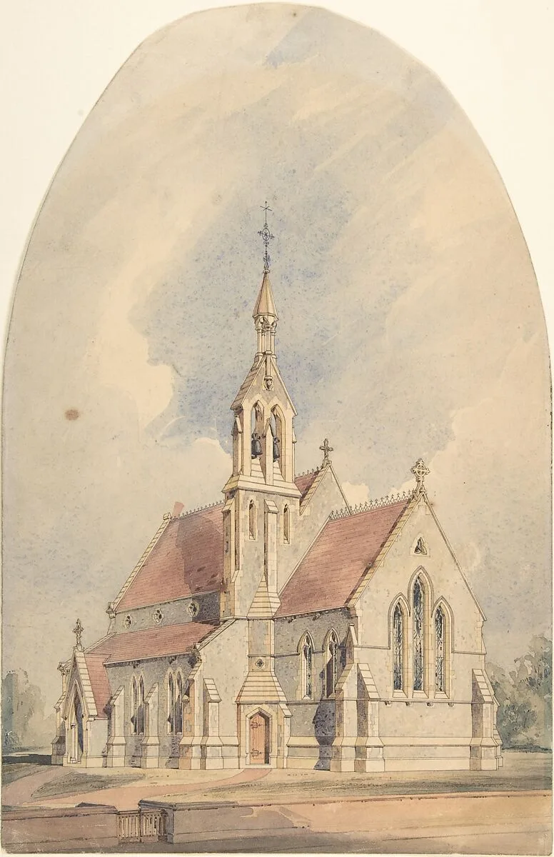 Architectural Rendering of a Gothic Revival Church — Anonymous, British, 19th century