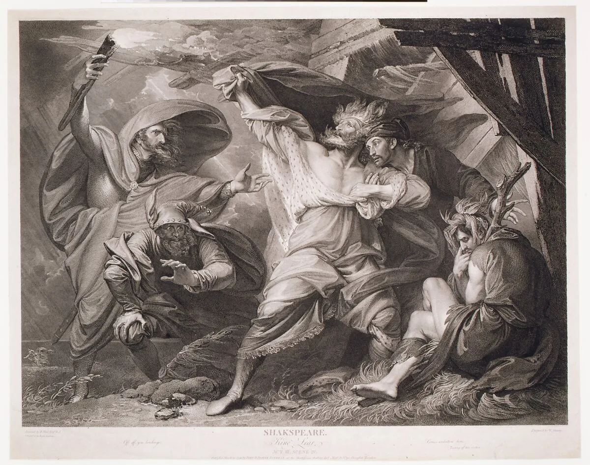 "Off, off, you lendings–Come unbutton here" (Shakespeare, King Lear, Act 3, Scene 4) — William Sharp|Benjamin West|John & Josiah Boydell|William Shakespeare