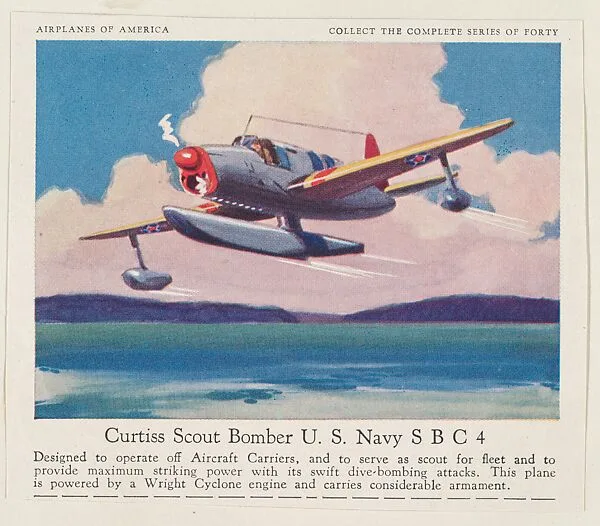 Curtiss Scout Bomber U. S. Navy S B C 4, collector card from the Airplanes of America series (D2), issued by the Kelley Baking Company to promote Kelley's Bread — Kelley Baking Company