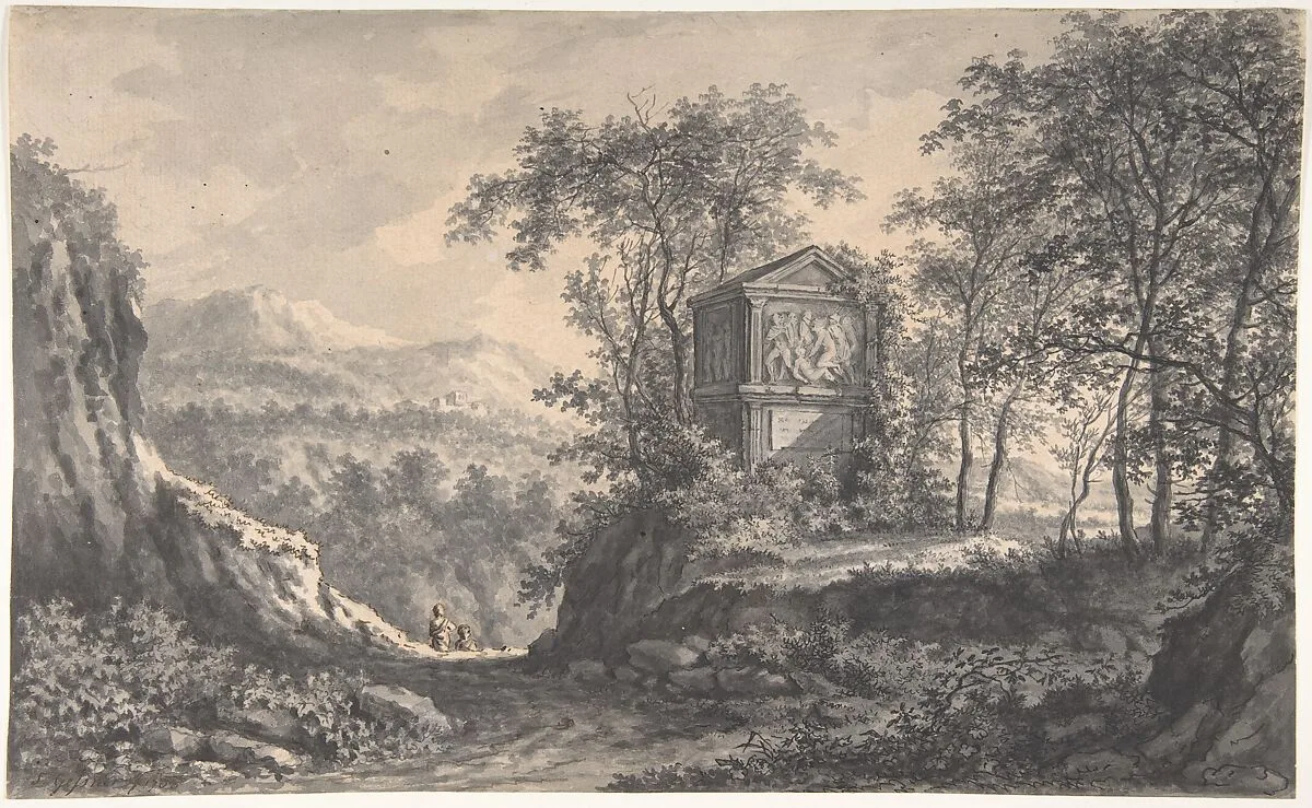 Landscape with an Antique Tomb and Two Wayfarers — Salomon Gessner