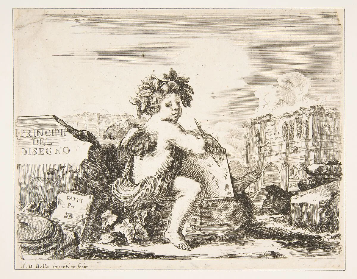 Plate 1: the genius of drawing, a child with wings, seated on a rock in center turned towards the right, holding a drawing pad and pen, ruins including a triumphal arch to right in the background, the title page from 'The Principles of Design' (I principii del disegno) — Stefano della Bella