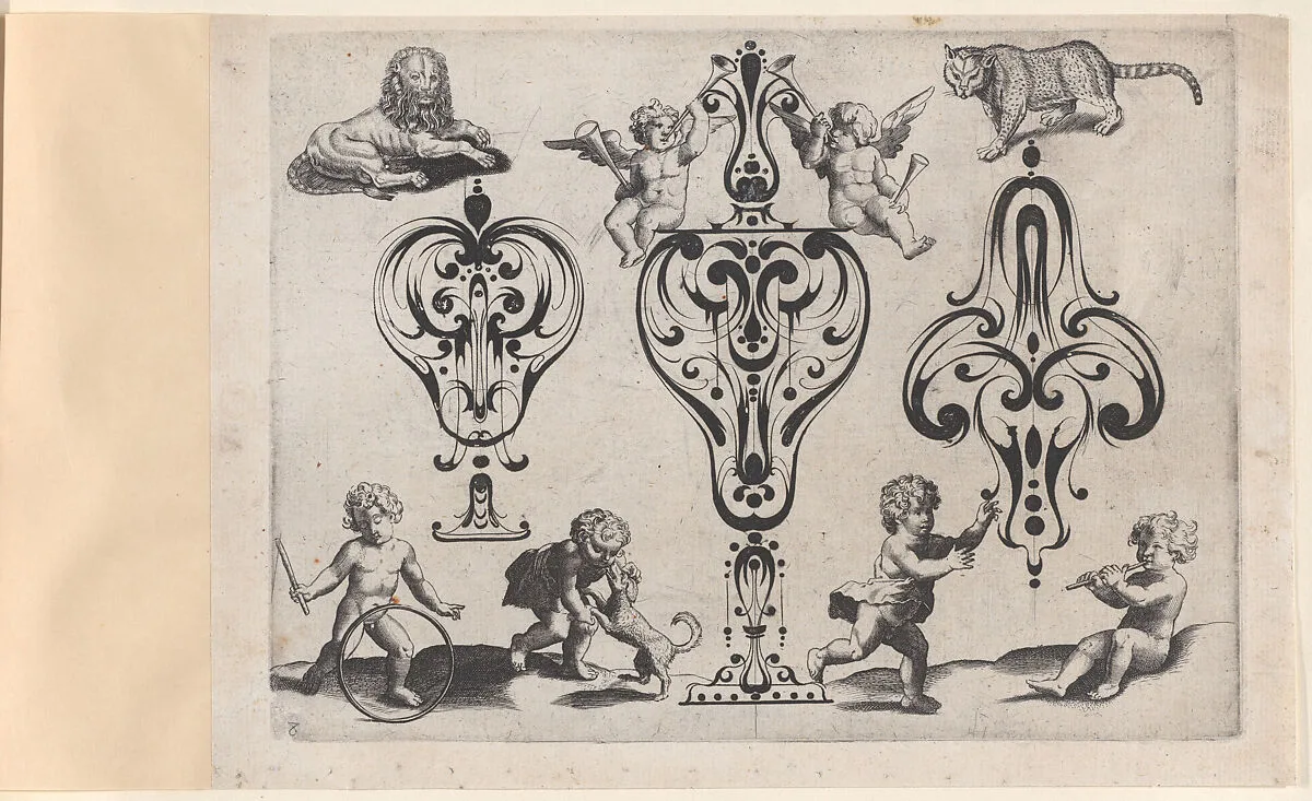 Blackwork Designs with Putti and Felines, Plate 8 from a Series of Blackwork Ornaments combined with Figures, Birds, Animals and Flowers — Meinert Gelijs|Jacques Callot|Jakob Hoefnagel