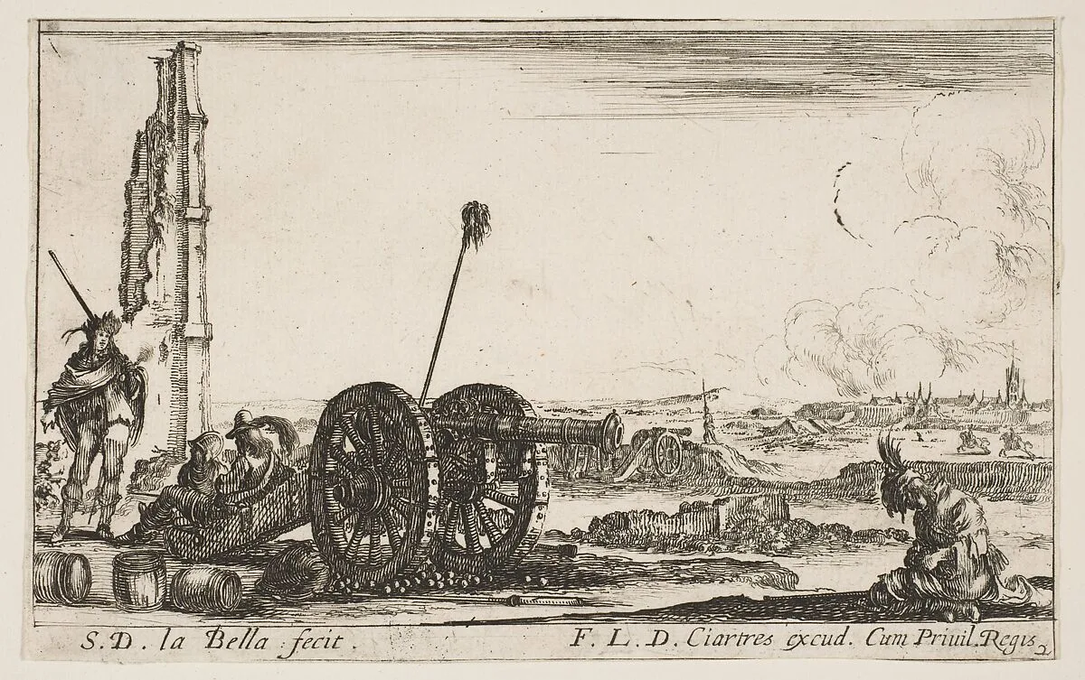 A cannon to the left, a town in the background, plate 2 from "Various Military Caprices" (Varii capricci militari) — Stefano della Bella|Pierre Mariette le fils