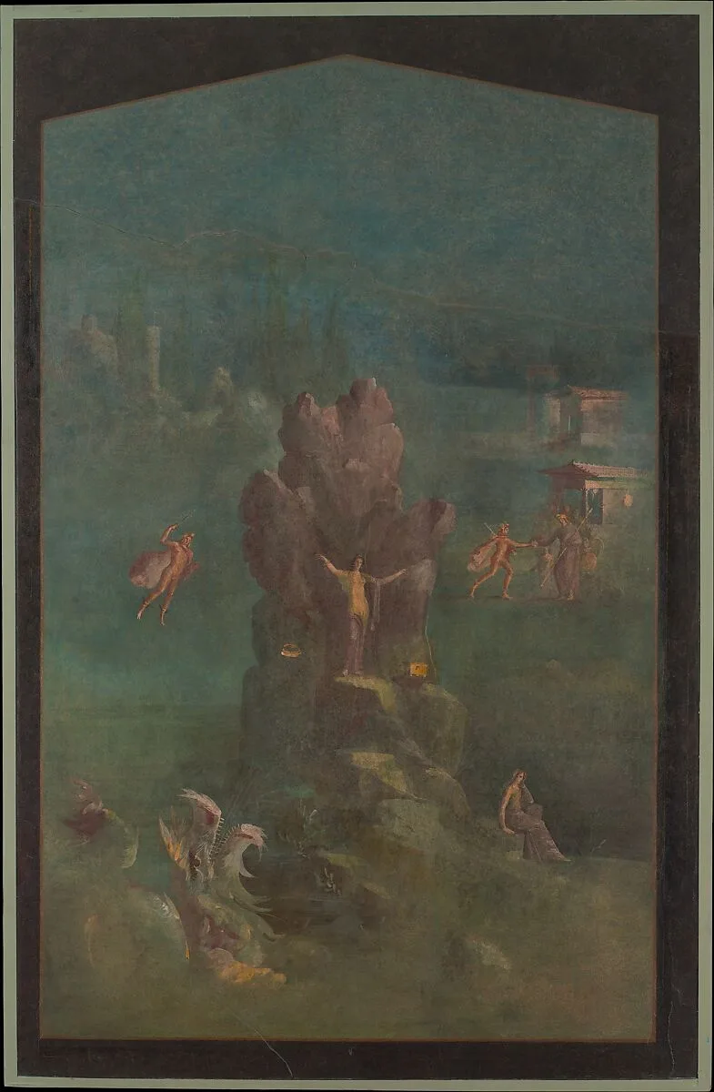 Wall painting: Perseus and Andromeda in landscape, from the imperial villa at Boscotrecase — Unknown