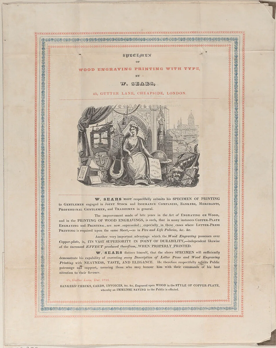 Trade Card for W. Sears, Wood Engraver — W. Sears|Matthew Urlwin Sears