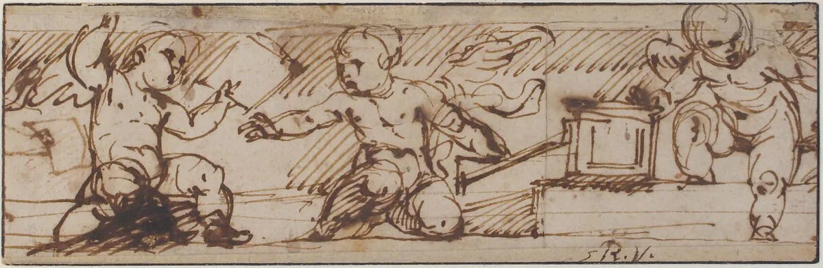 Putti with a Small Keyboard Instrument and Music Books — Daniele Crespi
