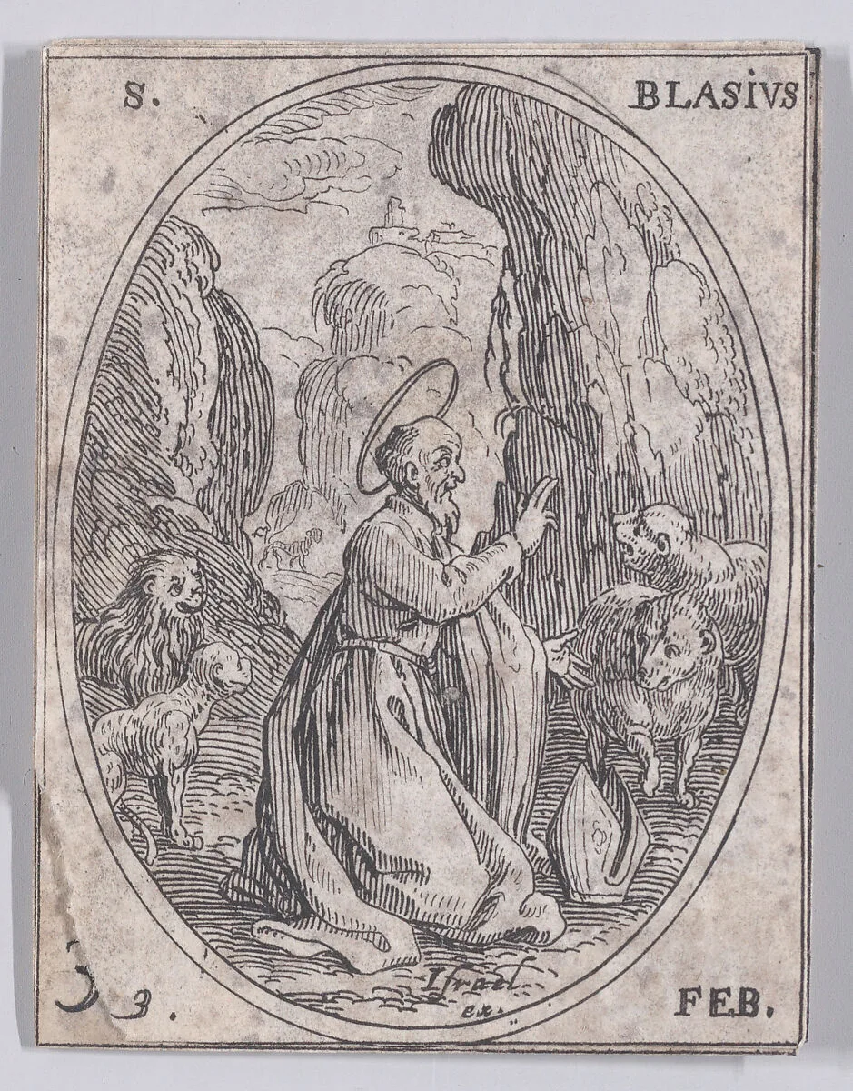 St. Blaise, February 3rd, from "Les Images De Tous Les Saincts et Saintes de L'Année" (Images of All of the Saints and Feast Days of the Year) — Jacques Callot|Israël Henriet