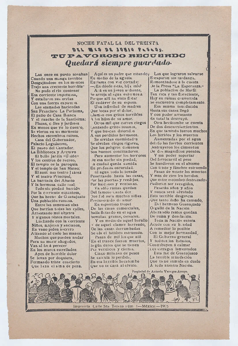 Broadsheet with victim accounts from a flood in Guanajuato, crowd of people waiving their hands and praying — Antonio Vanegas Arroyo|José Guadalupe Posada