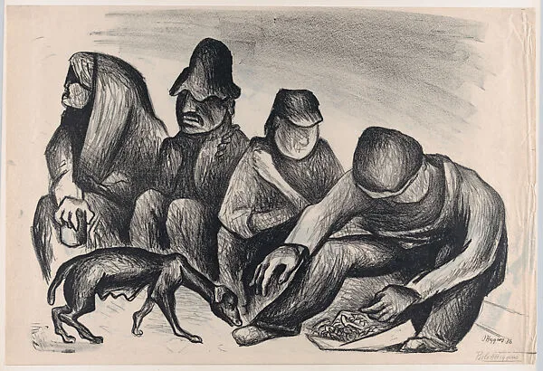 A group of four figures sitting the ground accompanied by a dog, on verso is a trial proof of the same image — Pablo Esteban O'Higgins