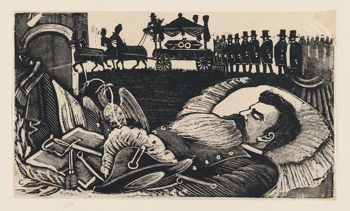 General Manuel Gonzalez on his deathbed, from a broadside entitled 'Arrival at the capital of the body of General Manuel Gonzalez' — José Guadalupe Posada