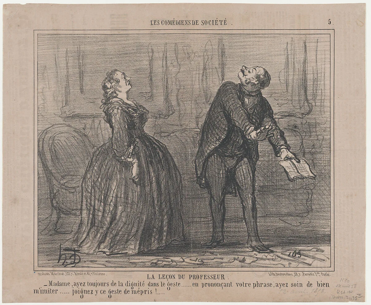 Le leçon du professeur, from Les Comédiens de Société, published in Le Charivari, April 12, 1858 — Aaron Martinet|Honoré Daumier|Destouches