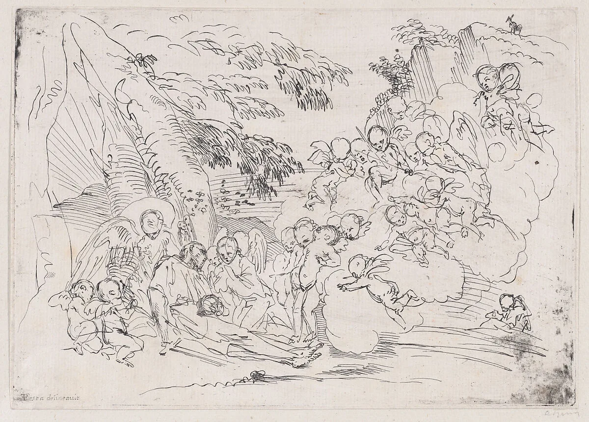 The death of Saint Pellegrino surrounded by many putti — Pietro Testa|Anonymous, 18th century