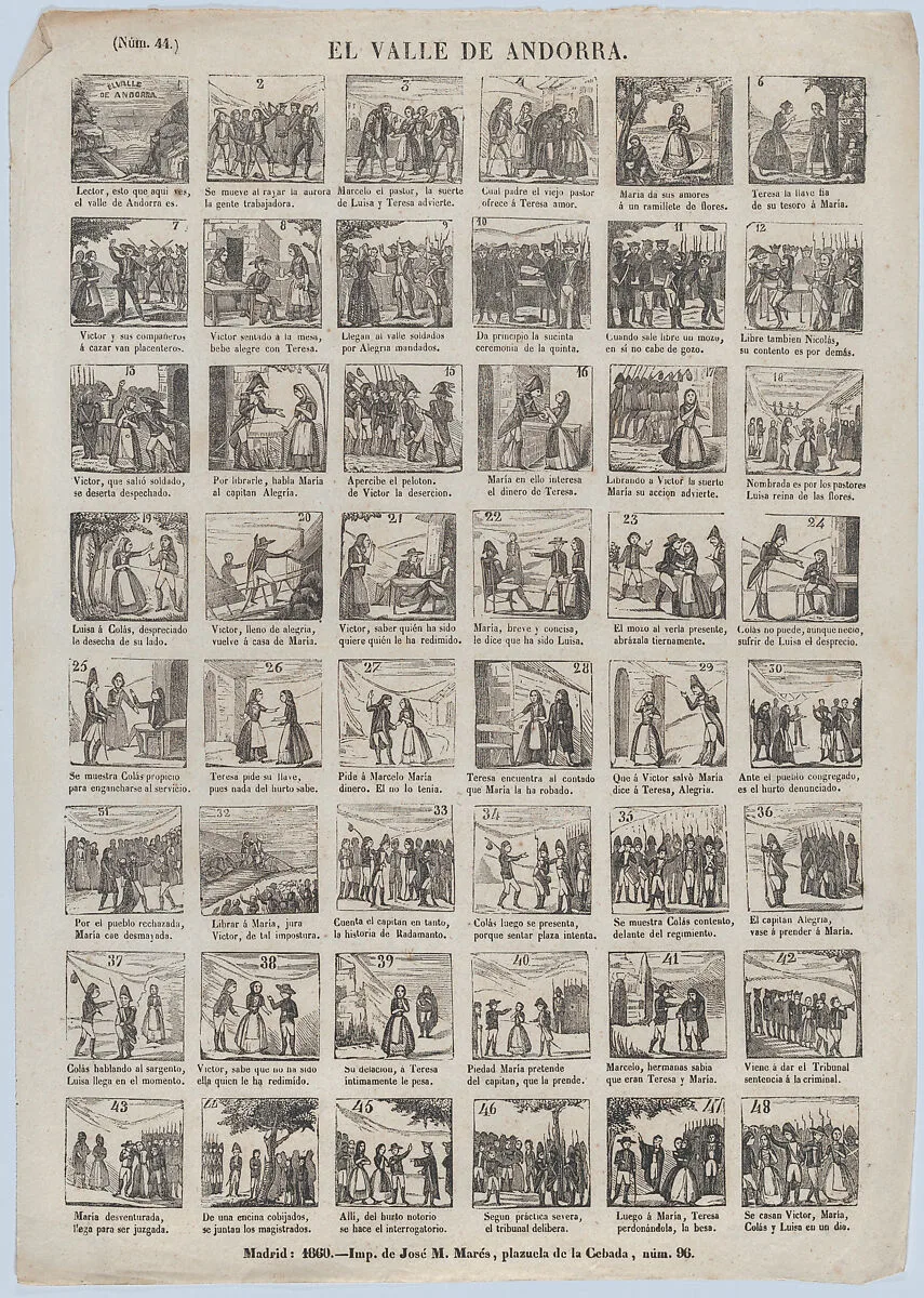 Broadside with 48 scenes from the zarzuela in three acts, 'The Valley of Andorra' — José María Marés