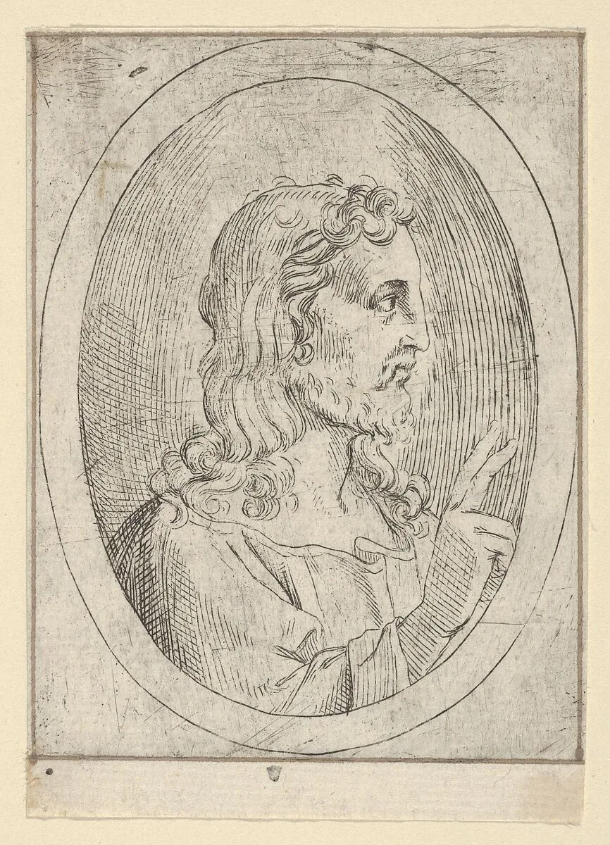 Christ seen in profile facing right, making the sign of blessing with his right hand, in an oval frame, from "Christ, the Virgin, and Thirteen Apostles" — Anonymous, 17th century|Guido Reni