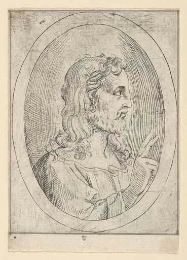Christ seen in profile facing right, making the sign of blessing with his right hand, in an oval frame, from "Christ, the Virgin, and Thirteen Apostles"