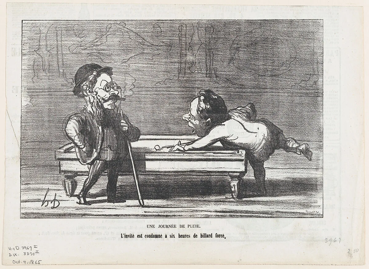 A rainy day: The guest is condemned to six hours of billiards, from 'The joys of country life,' published in Le Charivari, October 4, 1865 — Honoré Daumier