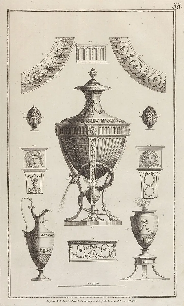 Ornament Design with Vases (in "Designs for Various Ornaments," pl. 38) — Francesco Bartolozzi|Michelangelo Pergolesi|Giovanni Battista Cipriani
