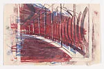 Poplar Trees and Telegraph Poles (trial proof 5 of 5) in blue & red the road is flipped right to left — Ursula Fookes