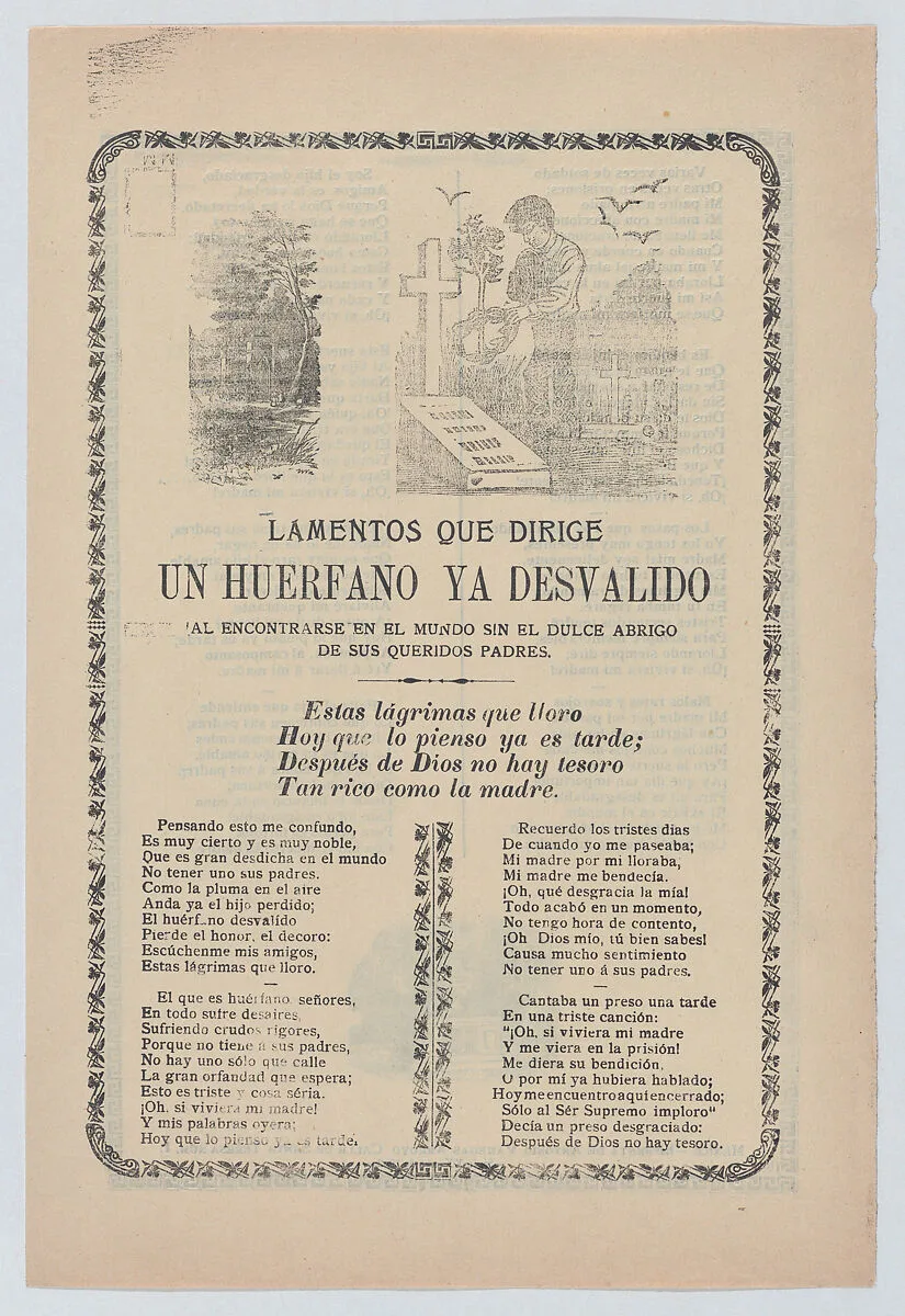 Broadsheet relating to the plight of an orphan, young boy standing at the graves of his parents in a cemetery — José Guadalupe Posada