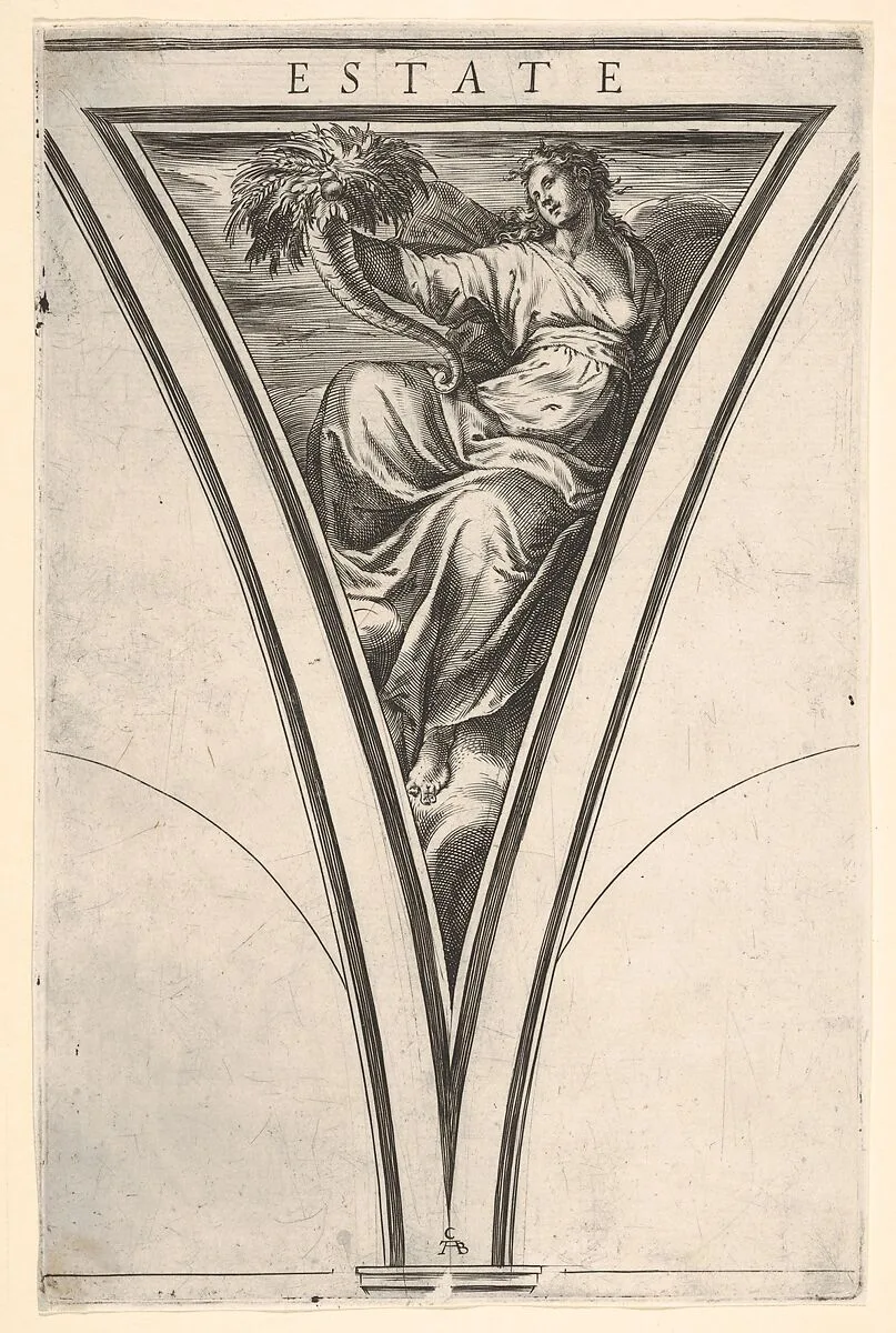 Summer (Estate), represented as a robed woman bearing a horn of plenty, a spandrel-shaped composition from the series 'The Four Seasons' — Cherubino Alberti (Zaccaria Mattia)|Taddeo Zuccaro