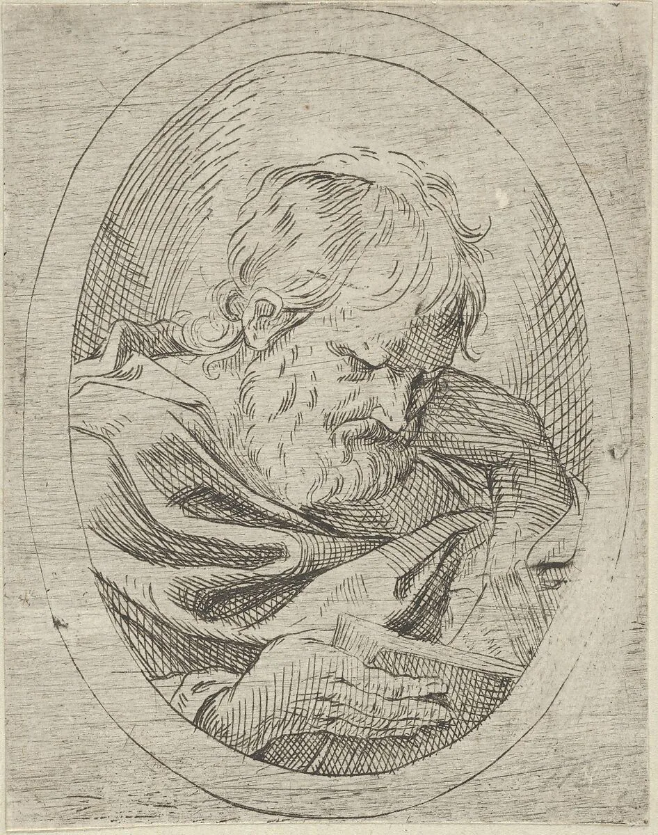 An apostle resting his head on his left hand and reading a book, in an oval frame, from "Christ, the Virgin, and Thirteen Apostles" — Anonymous, 17th century|Guido Reni