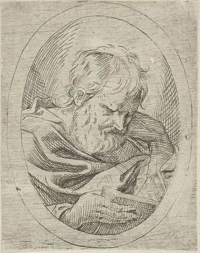 An apostle resting his head on his left hand and reading a book, in an oval frame, from "Christ, the Virgin, and Thirteen Apostles"