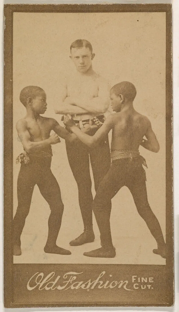 Man standing with two children boxing, from the "Negro Subjects" series (N692) promoting Old Fashion Fine Cut Tobacco — Unknown