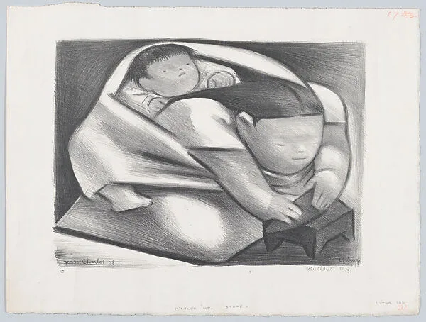 Rest and Work; a woman making a tortilla with a child on her back — Jean Charlot|Kistler (Lynton R. and/or Will A.)