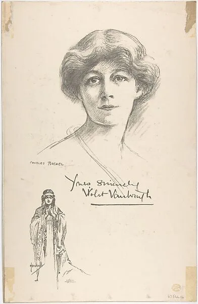 Portrait Head of the actress Violet Augusta Mary Vanbrugh, also shown full-length in costume — John Hassall|Violet Augusta Mary Vanbrugh|Charles A. Buchel